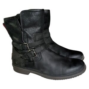 UGG Australia Simmons Boots Womens Size 11 Black Leather Boho Bohemian Shearling